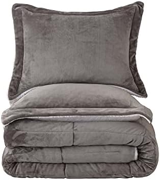Seward Park Ultra Soft Sherpa Comforter Set Full Queen, Fall Winter All Season Down Alternative Bedding Sets Grey 3 Piece (1 Comforter and 2 Pillow Shams)