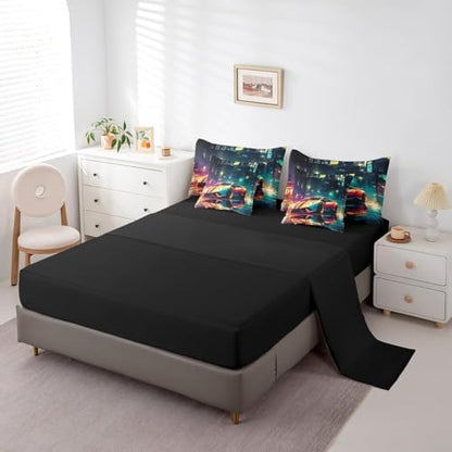 Racing Sports Car 7 Pieces Bedding Set Queen Size,Cool Speed Car Bed in a Bag,Extreme Sport Games Bed Set Includes Comforter,Sheet Set,Pillowcases & Pillow Covers,City Night Scene Bedroom Decor