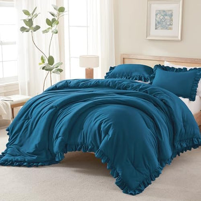 Andency Teal King Size Comforter Set, 3 Pieces Solid Farmhouse Bedding