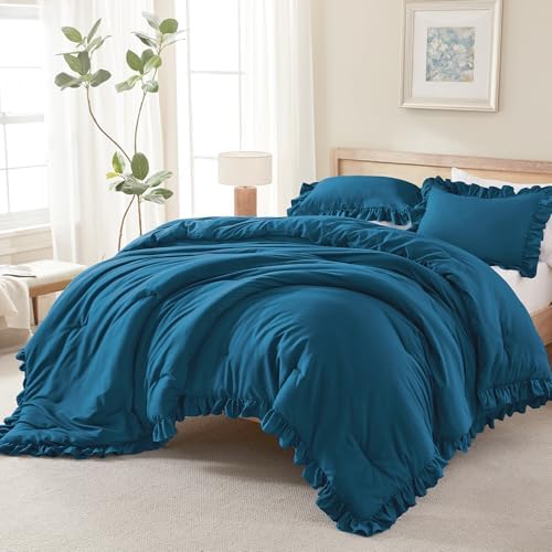 Andency Teal Comforter Set Full Size, 3 Pcs Solid Ruffle Vintage Bedding