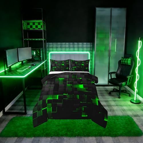 Erosebridal Black Green Comforter Set Queen Neon Geometric Checkered Bedding Set for Kids Boys Gaming Room Decor,Teen Men Abstract Stereoscopic Grids Quilt Square Plaid Check Bed Set 3 Pcs
