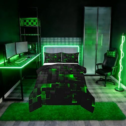 Erosebridal Black Green Comforter Set Queen Neon Geometric Checkered Bedding Set for Kids Boys Gaming Room Decor,Teen Men Abstract Stereoscopic Grids Quilt Square Plaid Check Bed Set 3 Pcs