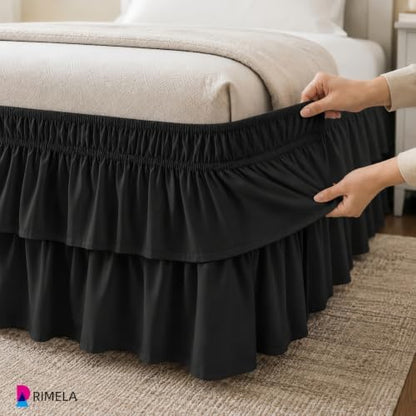 RIMELA Queen Size Ruffle Bed Skirt 16 Inch Drop - Black Double Layered Wrap Around Dust Ruffle, Romantic Cute Design Bedskirt with High-Density Fabric, Soft Stretchy, Easy Install for Queen Bed