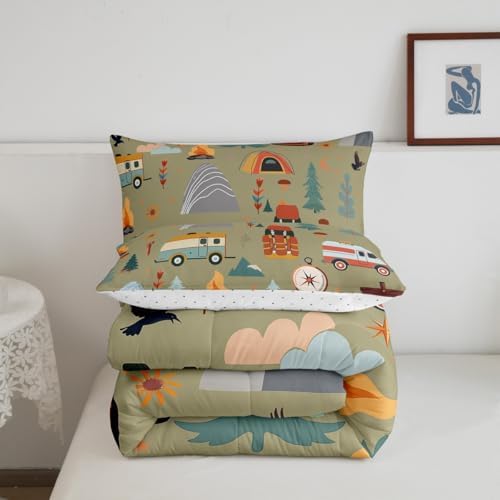 Feelyou Happy Camping Comforter Set for Kids Boys Girls Full Size Travel Bag Tent Print Bedding Set Soft Outdoor Themed Duvet Quilt Travel Trailers Comforter Camping Gifts Duvet Quilt