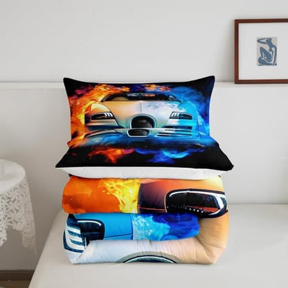 Feelyou Kids Sports Car Bedding Set Luxury Yin Yang Race Car Bedding Set for Boys Girls Men Extreme Sports Theme Comforter Cool Speed Racing Car Comforter Set Bedroom Collection 3Pcs Full Size