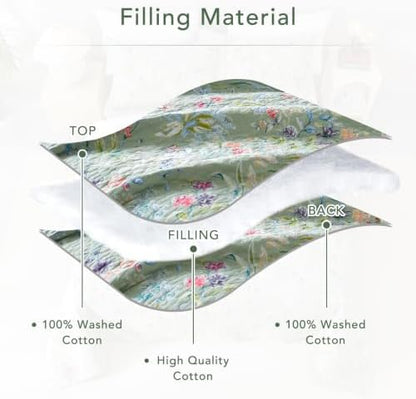 Lady Ann Green Floral 100% Cotton Quilt Sets Queen - Green Flower Bird Butterfly Print Botanical Bedding,Vintage Lightweight Coverlet Ultra Soft Bedspread Set with Pillow Shams for All Season, 3 PCS