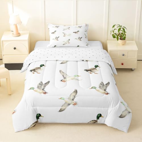 Feelyou Mallard Duck Bedding Set Soft for Boys Girls, Hunting and Fishing Comforter Set Twin Size Wild Animal Duvet Quilt Microfiber Wildlife White Bedroom Decor 2 Pcs with 1 Pillow Cases