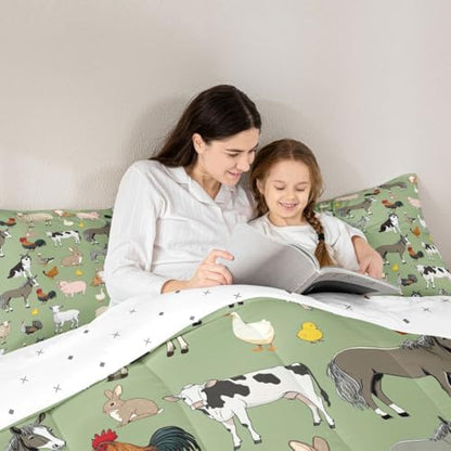 Feelyou Green Farm Animal Comforter Set Toddler Size Cute Animal Bedding Set for Kids Boys Girls Farm Theme Duvet Quilt Cartoon Bedroom Decor 2 Pcs with 1 Pillow Cases