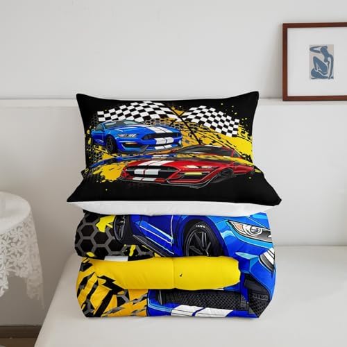 Castle Fairy Teens Cool Racing Car Comforter Set Queen Size,Red Blue Car Bedding Set for Kids Boys Girls Bedroom Decoration,Speed Race Car Bed Duvet Insert,Grid Flag Comforter with 2 Pillowcases