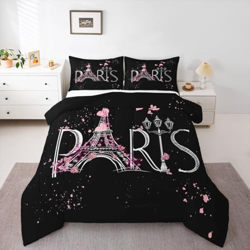 Feelyou Eiffel Tower Comforter Set Chic Paris Bedding Set Romantic Theme Comforter for Boys Girls Children Teens Black Pink Bedroom Decor Modern French Style Duvet Set Queen Size with 2 Pillow Case