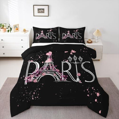 Feelyou Eiffel Tower Comforter Set Chic Paris Bedding Set Romantic Theme Comforter for Boys Girls Children Teens Black Pink Bedroom Decor Modern French Style Duvet Set Queen Size with 2 Pillow Case