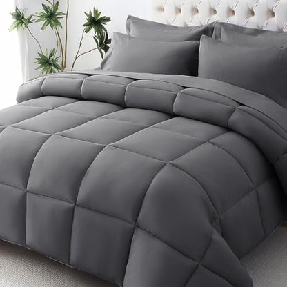 JOLLYVOGUE California King Comforter Set, Ultra-Soft Bed in a Bag Cal King Size 7 Pieces, Oeko-TEX Certified Bedding Set with Down Alternative Comforter, Sheets, Pillowcases & Shams, Dark Grey