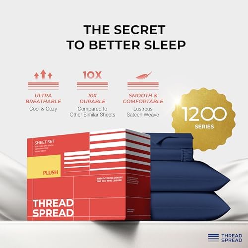 THREAD SPREAD 100% Egyptian Cotton Queen Sheets Set - 1200 Series Plush Collection Luxury Egyptian Cotton Sheets Queen Size Deep Pocket (4 PC, Navy Blue), Soft, Cooling, Sateen Weave Sheet Set