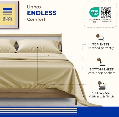 THREAD SPREAD Egyptian Cotton Sheets King Size - 1000 Series High Thread Count Cotton King Size Sheets Set (4 PC, Sand), 16" Snug Fit Deep Pocket, Sateen Weave Ultra-Soft Hotel Luxury Sheet Set