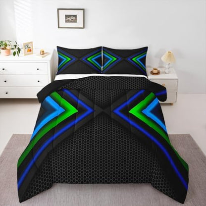 Geometric Comforter Set,Blue and Black Bedding Set for Kids Girls Women,Adults Modern Hexagon Comforter,Fashion Quilted Duvet Set Bedroom Collection Twin Size 2Pcs