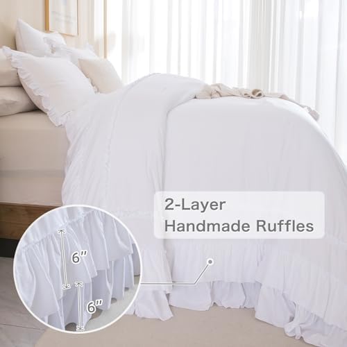 Masaca Oversized King Comforter 128x120,White Shabby Boho Chic Farmhouse Bedding Comforter with Ruffles,3 Pieces Vintage Lightweight and Soft French Country Bedding Set