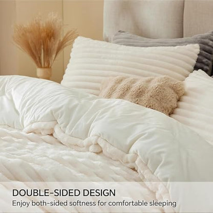 BEDELITE Fleece Oversized Queen Comforter Set, Fluffy Bed Set, Cream White