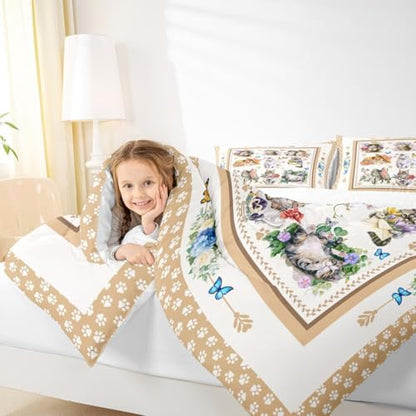 Cute Cats Kids Comforter Set Queen Size,Cartoon Animal Paws Print Toddler Bedding Set,Girls Boys Adults Room Decor,Butterfly Flowers Romantic Down Comforter,Bright Lovely Duvet Insert,2 Pillowcases