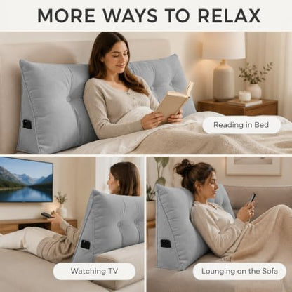 Queen Triangular Wedge Headboard Pillow, Soft Cotton Backrest Support Pillow for Reading Sitting Working, Daybed Pillows Bed Dorm Sofa Rest Cushion for Headboard, Grey