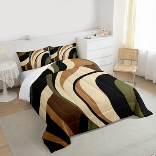 Castle Fairy Stripes Comforter Set King Size Brown Black Green Swirls Bedding Set 3pcs for Kids Boys Men Room Decor Vintage Abstract Styles Quilt Set Microfiber Duvet Insert with 2 Pillowcases