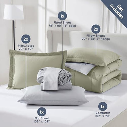 Nestl 9 Piece King Comforter Set – Light Sage Reversible Bed in a Bag – Complete King Size Bedding Set with Sheets, Set of 2 Cooling Pillows, Pillowcases and Shams