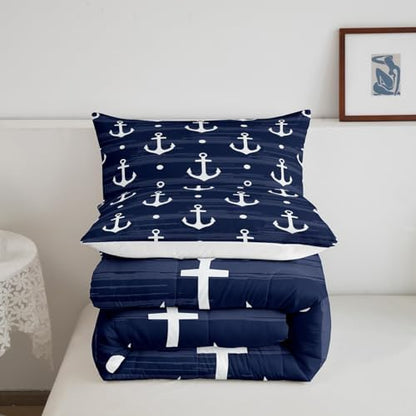 Manfei Anchor Comforter Set Full Size, Nautical Theme Down Comforter with 2 Pillowcases, Rustic Farmhouse Navy Blue Bedding Set 3pcs for Kids Boys Teens Bedroom Decor Lightweight Duvet Insert