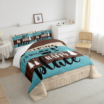 Camper Adventure Kids Comforter Set King Size,Happy Camping Rustic Farmhouse Cabin Bedding Set,Girls Boys Room Decor,RV Pine Tree Nature Quilt Comforter,Brown Country Duvet Insert,2 Pillowcases