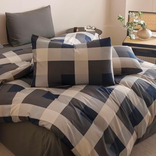 Wellboo Blue Plaid Comforter King Size Navy Blue and Grey Checkered Bedding