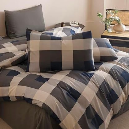 Wellboo Blue Plaid Comforter King Size Navy Blue and Grey Checkered Bedding