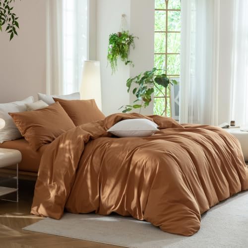 JIYUAN Queen Washed Cotton Duvet Cover Set, 3-Piece, Relaxed Linen Feel