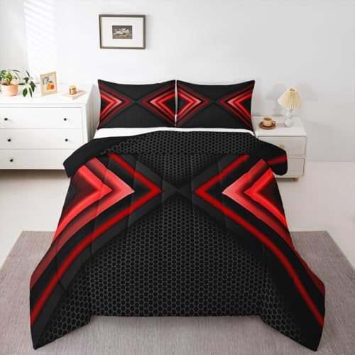 Geometric King Size Comforter Set,Kids Red and Black Decor All Season Bedding Set,Teens Sports Gaming Comforter,Modern Hexagon Decor Quilt Set Bedroom Collection 3Pcs
