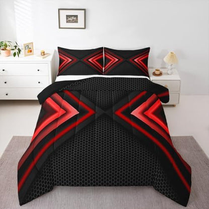 Castle Fairy Modern Full Size Comforter Set,Red Neon Bedding Set for Adults Teens,Children Black Honeycomb Comforter Luxury Cool Design Quilt Set Room Decor 3Pcs
