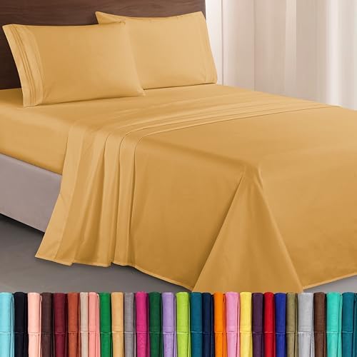 Elegant Comfort Luxurious 1500 Premium Hotel Quality Microfiber Three Line Embroidered Softest 4-Piece Bed Sheet Set, Wrinkle and Fade Resistant, King, Camel-Gold