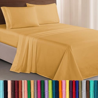 Elegant Comfort Luxurious 1500 Premium Hotel Quality Microfiber Three Line Embroidered Softest 4-Piece Bed Sheet Set, Wrinkle and Fade Resistant, King, Camel-Gold