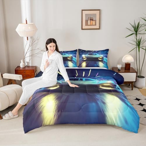Boys' Race Car Duvet, Cool Sports Car Comforter Set For Men & Women, Extreme Sports Racer Bedding Set Full, Yellow Automobile Quilt Set, 1 Comforter Set With 2 Pillowcases, Lightweight, Blue