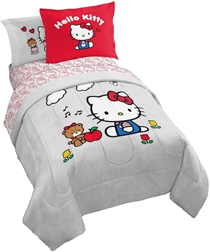 Sanrio Hello Kitty Full Comforter Set 7 Piece Bedding for Girls, Grey