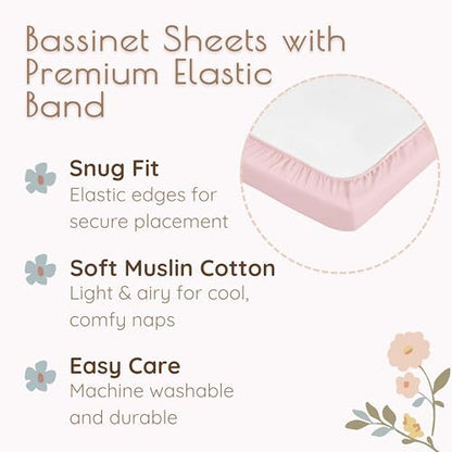 Baby Bassinet Sheets Girls – 100% Cotton Muslin Bassinet Sheets, 2 pc Bassinet Mattress Sheets, 32"x16"x 4", Oeko-TEX Certified, Bedside Bassinet Sheet (Pink)