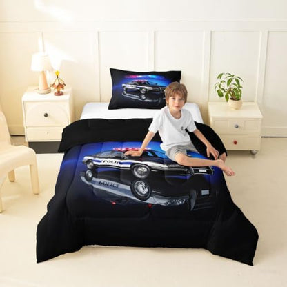 Feelyou Kids Police Car Comforter Set Toddler Size Bedding Set