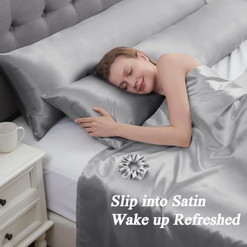 Vielit Satin Body Pillow Pillowcase 1pc,Silky Body Pillow Cover Similar to Silk Pillow Cases Soft Body Pillow Case 20x54 & Envelope Closure,Gift for Women Men Grey & 1 Satin Scunchie