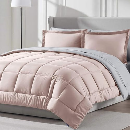 Nestl 9 Piece California King Comforter Set – Blush Pink Reversible Bed in a Bag – Complete Cal King Size Bedding Set with Sheets, Set of 2 Down Alternative Pillows, Pillowcases and Shams