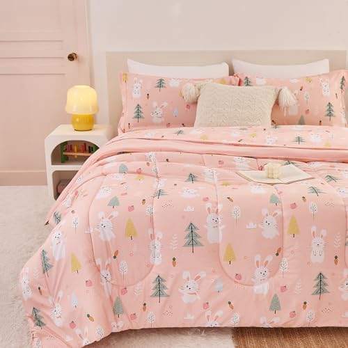 Yibeizi Pink Bunny Kids Comforter Set for Girls Twin Cute Bedding