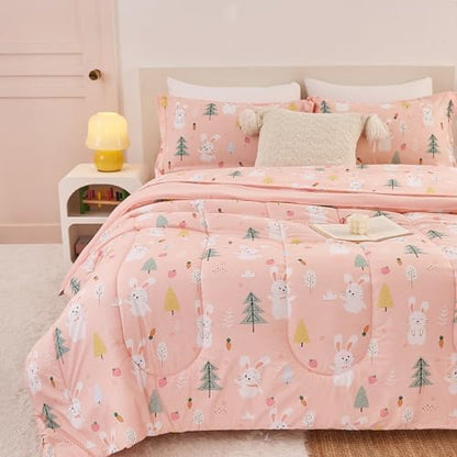 Yibeizi Pink Bunny Kids Comforter Set for Girls Twin Cute Bedding