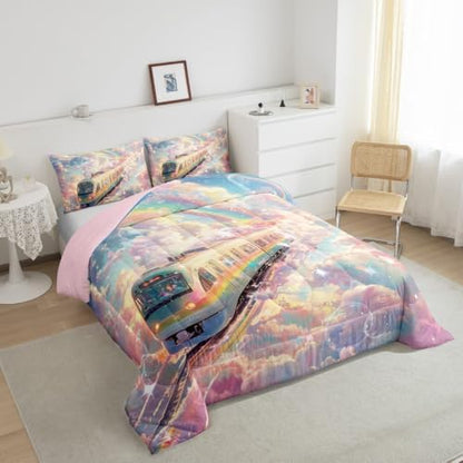 Homewish Rainbow Train Comforter Set Full Size,Colorful Cloud Sky Bedding Set 3Pcs for Kids Girls Boys Teens Room Decor,Rail Transit Vehicle Quilt Set Dreamy Fairy Tale Duvet Insert,2 Pillowcases