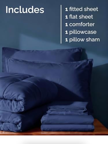 Twin Comforter Set - 5 Piece Bed in a Bag Twin Size Bed Set - Navy Blue