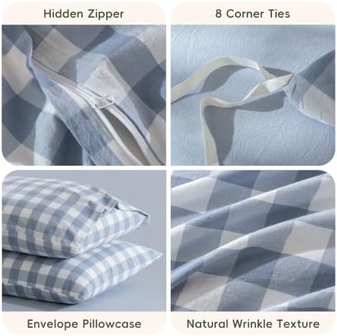 JIYUAN Full Washed Cotton Duvet Cover Set, 3-Piece, Large Gingham