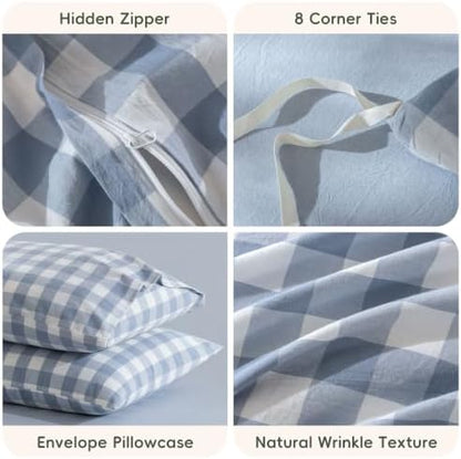 JIYUAN Full Washed Cotton Duvet Cover Set, 3-Piece, Large Gingham