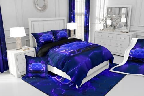 Feelyou Boys Sports Car Bedding Set King Size,Blue Black Race Car Comforter Set,Boys Bedroom Room Decor,Geometric Hexagon Racing Car Comforter,Cool Speed Luxury Car Decor Bed Set for All Season