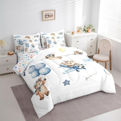 Erosebridal Cartoon Aircraft King Size Comforter Set with Sheets, Cute Bear Airplane Propeller Plane 7 Pcs Bedding Set for Boys Girls Adults, Bird Animals Bed in A Bag, Balloon Star Cloud Bed Sets