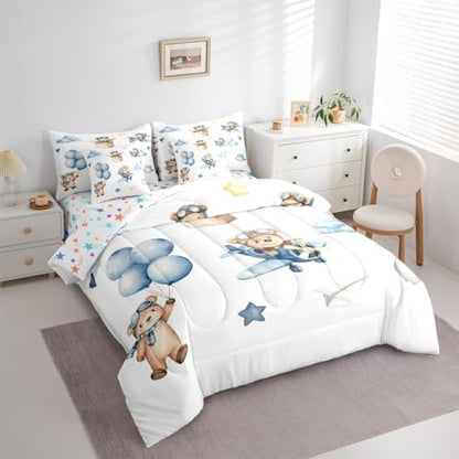 Erosebridal Cartoon Aircraft King Size Comforter Set with Sheets, Cute Bear Airplane Propeller Plane 7 Pcs Bedding Set for Boys Girls Adults, Bird Animals Bed in A Bag, Balloon Star Cloud Bed Sets