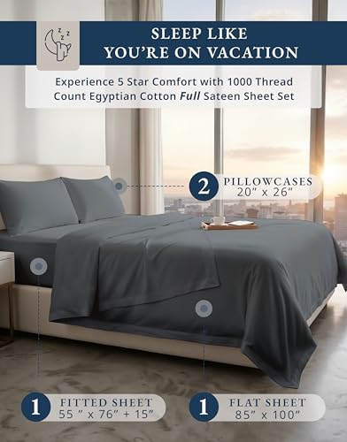 LANE LINEN Cooling Sheets Full 100% Egyptian Cotton Sateen - Charcoal